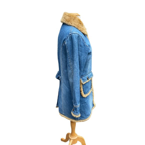 Lee Longline Faux Fur Denim Jean Jacket Cowgirl Western Fall Vintage 90s Faded-M - Picture 7 of 16